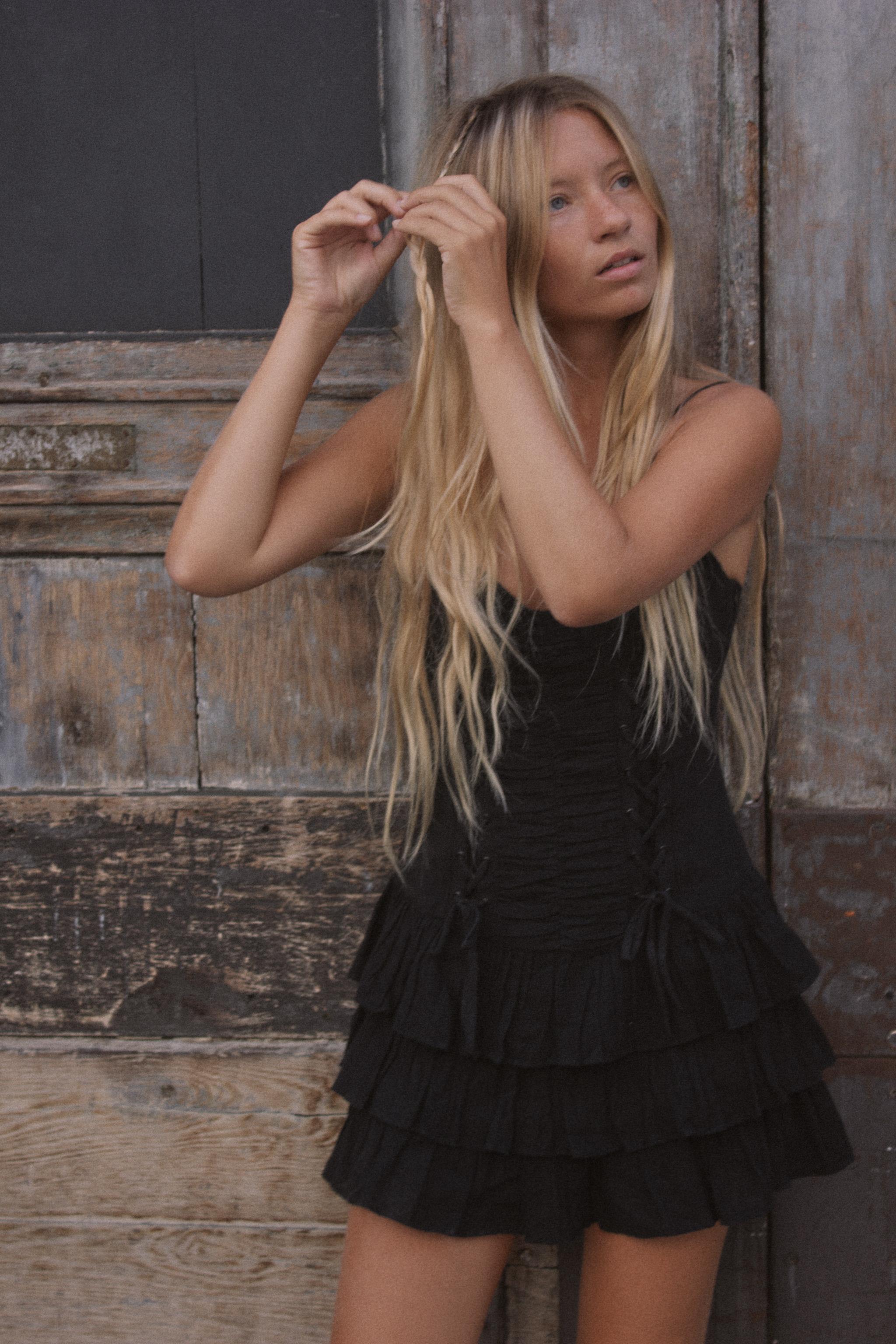 LACE-UP RUFFLE MINI DRESS